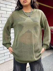 SHEIN EZwear 落肩袖網眼針織毛衣洋裝不附胸罩 - 軍綠色 - 查看 3