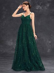 Contrast Sequin Mesh Elegant Cami Bridesmaid Dress - Dark Green - View 5