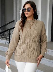 Calvaya Plus Lace Up Sleeve Cable Knit Sweater Knit Pullover Fall Winter Sweater - Grey - View 7