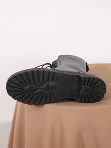 Black color Front Lace-up Combat Boots - Black - View 6