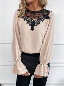 SHEIN Clasi Blusa con encaje de manga con volante - Albaricoque - Ver 4