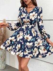 SHEIN VCAY In hoa Tay áo lồng đèn Xù Hoa Sen Đầm - Màu xanh hải quân - Xem 7