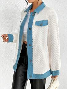 SHEIN Essnce Contrast Trim Drop Shoulder Flap Detail Flannel Coat - White - View 5