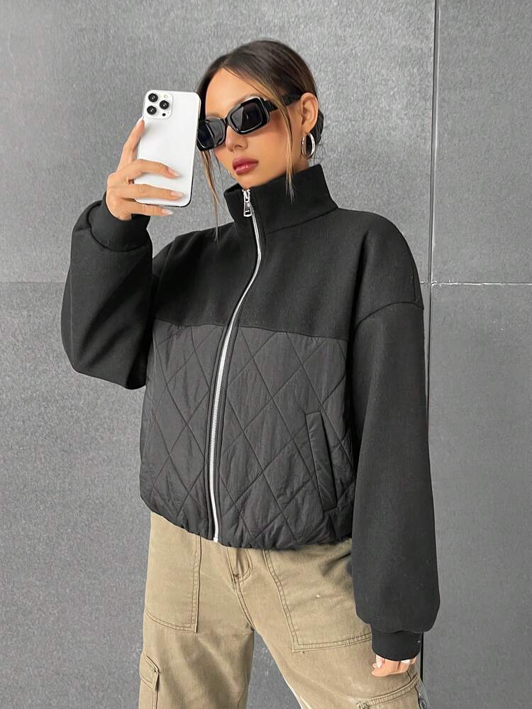 Two Tone Drop Shoulder Zip Up Quilted Coat