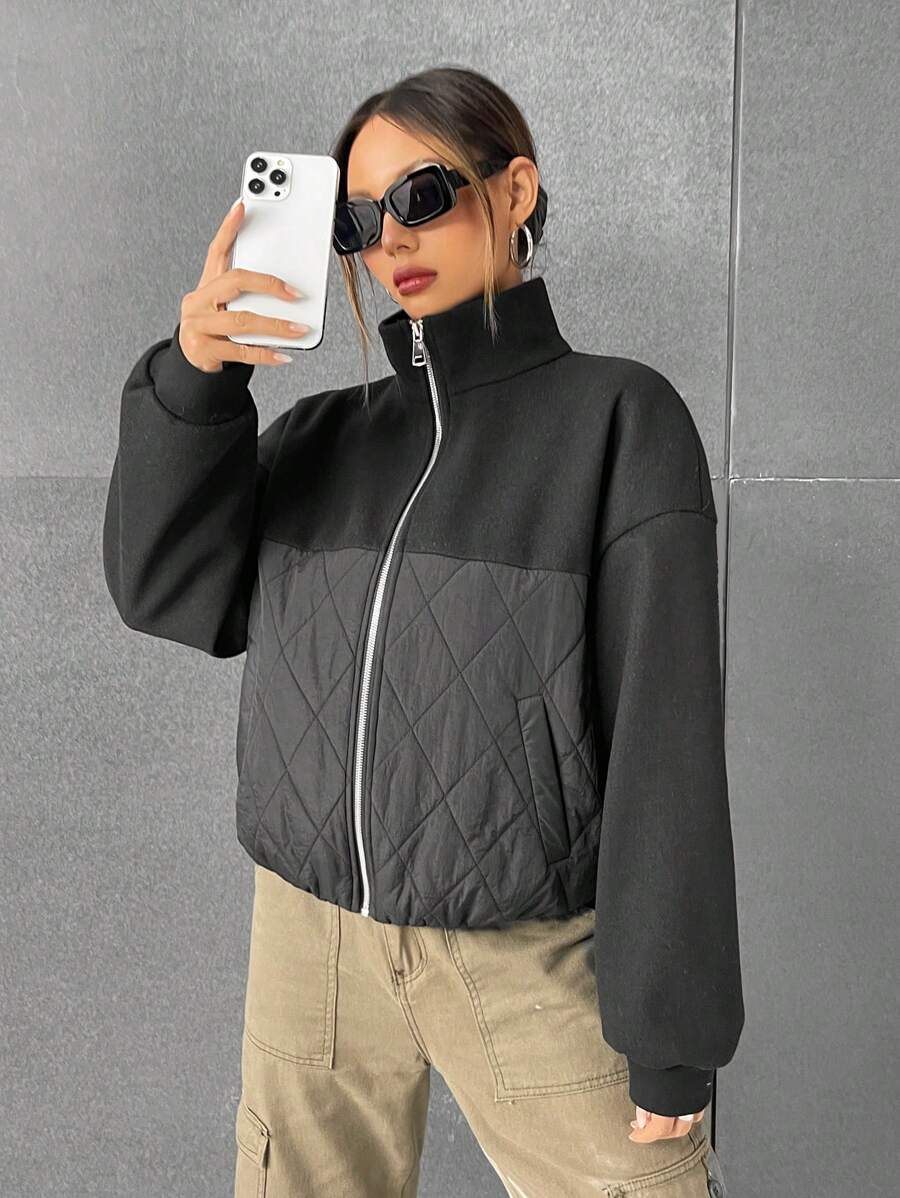 SHEIN EZwear Two Tone Drop Shoulder Zip Up Quilted Coat - Black - View 1