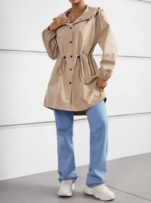 SHEIN Essnce Hai âm Eo dây rút Thả vai Áo trùm đầu - Màu Khaki - Xem 5