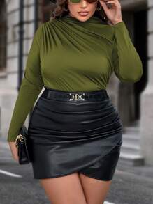 SHEIN Clasi Plus Mock Neck Ruched Tee - Army Green - View 5