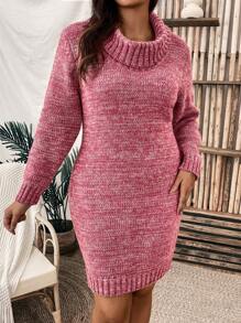 SHEIN LUNE Plus Turtleneck Marled Knit Sweater Dress - Red - View 6