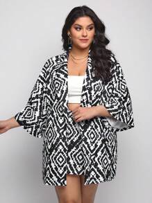 Sylvia Mollie Designer Plus Geo Print Kimono & Skirt, Women Clothes, For Holiday, Festival - Black and White - View 1