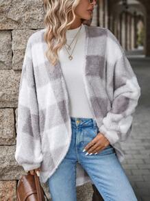 SHEIN LUNE 大方格圖案落肩袖開門襟外套 - 卡其色 - 查看 1