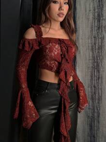 SHEIN Unity Vai lạnh Viền Ruffle tay áo lá sen Ren Áo - Màu Đỏ Sâu - Xem 4