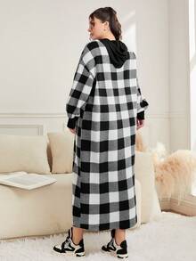 Mulvari Plus Buffalo Plaid Print Drop Shoulder Drawstring Hooded Sweatshirt Dress - Black and White - View 2