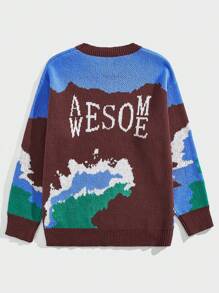 ROMWE MEN Street Life 男士色塊字母印花毛衣 - 棕色 - 查看 2