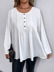 SHEIN LUNE Plus Button Front Pleated Detail Blouse - White - View 4