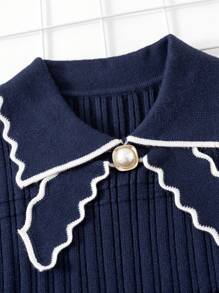 SHEIN 女小童前蝴蝶結荷葉袖百褶下擺毛衣洋裝 - 藏蓝色 - 查看 3