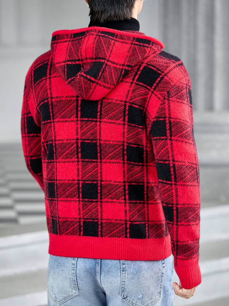 Men Plaid Pattern Drawstring Hooded Cardigan