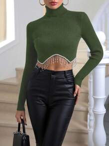 Zolique Rhinestone Fringe Hem Turtle Neck Crop Knit Pullover Fall Winter Sweater - Army Green - View 5