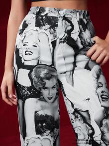 Marilyn Monroe X SHEIN Figure Graphic Wide Leg Pants - Black - View 5