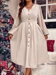 Calvaya Plus Lantern Sleeve Button Front Dress