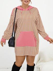 SHEIN LUNE Hơn In Houndstooth Túi kangaroo Thả vai Dây rút Đàm áo cánh có mũ - Bụi hồng - Xem 2