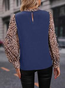 SHEIN LUNE Leopard Print Lantern Sleeve Frill Neck Blouse - Navy Blue - View 2