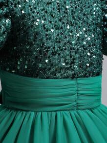 Tween Girl Sequin Insert Puff Sleeve Mesh Hem Party Dress - Dark Green - View 3