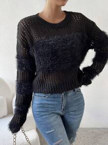 Flirla 毛绒拼接落肩镂空针织套头衫 秋冬毛衣 - 黑色 - 查看 6