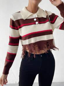 Chiquease Áo len cổ lọ họa tiết sọc, viền rách, chất liệu dệt kim, thích hợp cho mùa thu đông. - Nhiều màu - Xem 1