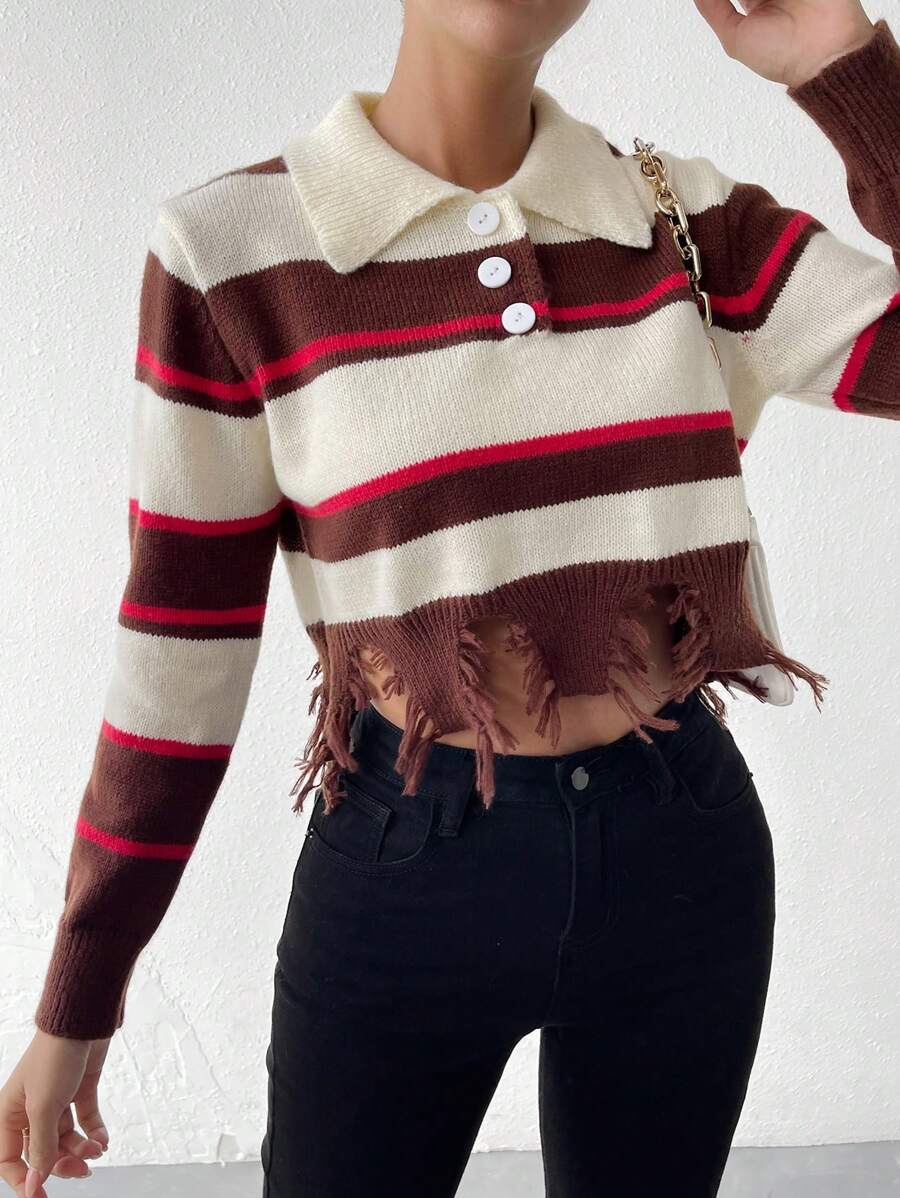 Chiquease Áo len cổ lọ họa tiết sọc, viền rách, chất liệu dệt kim, thích hợp cho mùa thu đông. - Nhiều màu - Xem 1