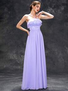 花朵刺繡對比亮片荷葉邊開背露背雙肩蕾絲雪紡正式禮服 - 紫丁香色 - 查看 5