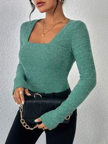 SHEIN Essnce Square Neck Ribbed Knit Tee - Green - View 4