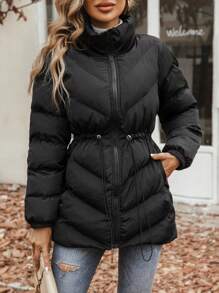 SHEIN LUNE 抽绳腰部毛绒装饰连帽加厚棉服外套冬季 - 黑色 - 查看 4