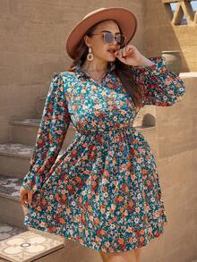 SHEIN VCAY Hơn Vải in hoa tay áo lá sen Đầm - Nhiều màu - Xem 4