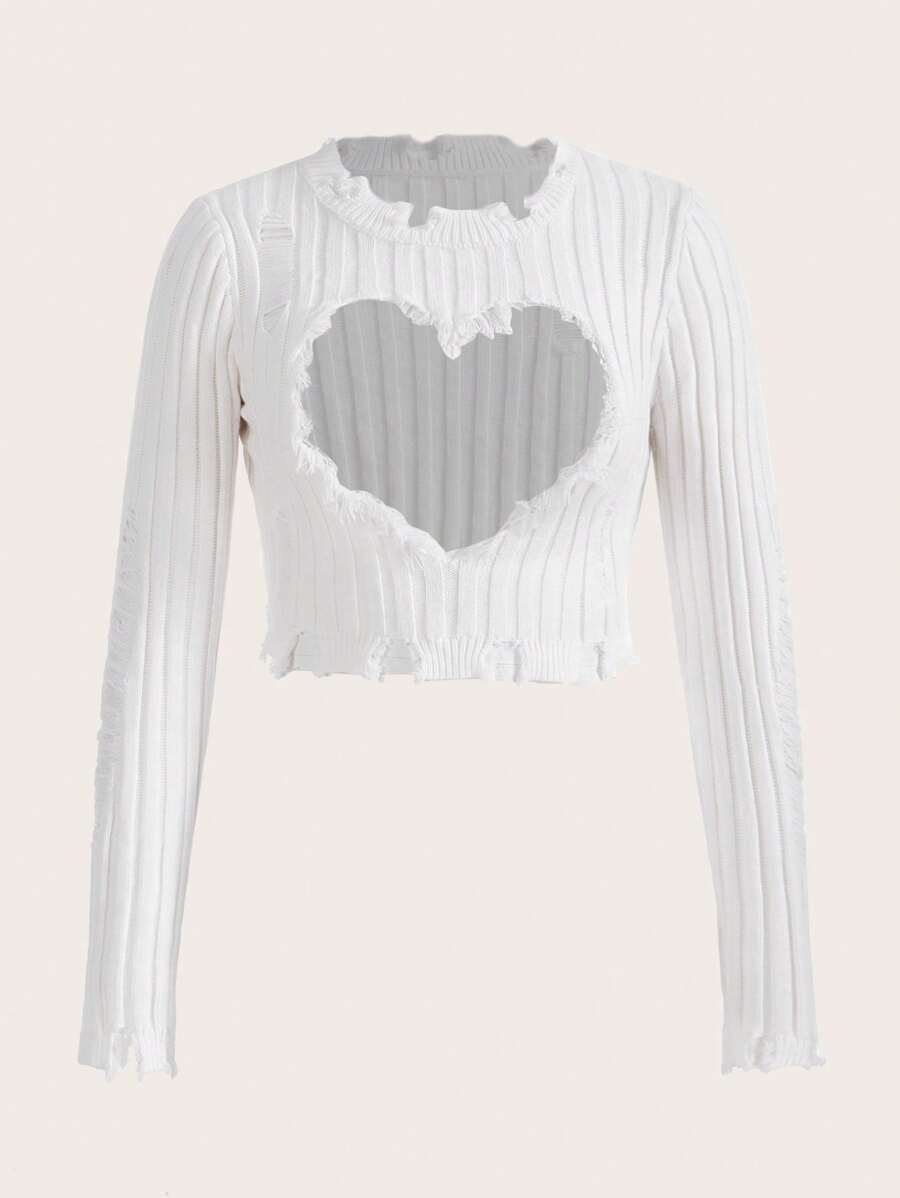 SHEIN ICON Hình trái tim Cắt ra Đau khổ Cắt tỉa Áo len Crop - trắng - Xem 1