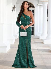 SHEIN Belle Một bờ vai Cắt ra Tách đùi Kim sa Ăn mặc trang trọng - Màu xanh lá cây đậm - Xem 3