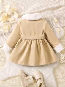 SHEIN Young Girl Borg Collar Button Front Belted Overcoat - Apricot - View 2