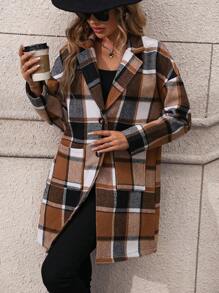 SHEIN LUNE 格紋印花西裝領落肩袖外套 - 卡其色 - 查看 5