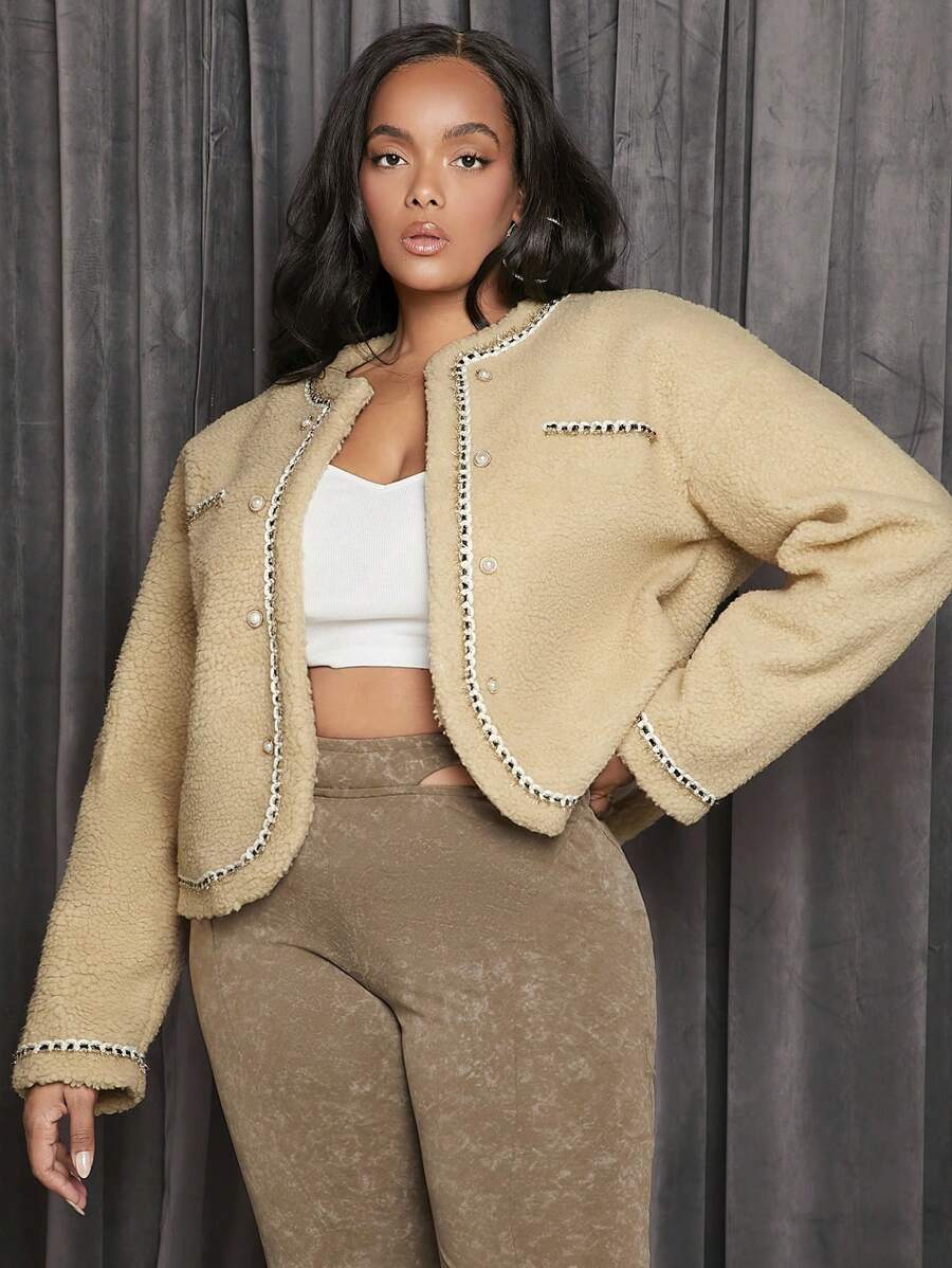 SHEIN SXY 大碼拼接邊落肩袖毛絨夾克