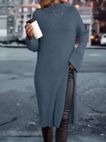 SHEIN Essnce Turtleneck Drop Shoulder Split Hem Sweater Without Belt - Blue - View 3