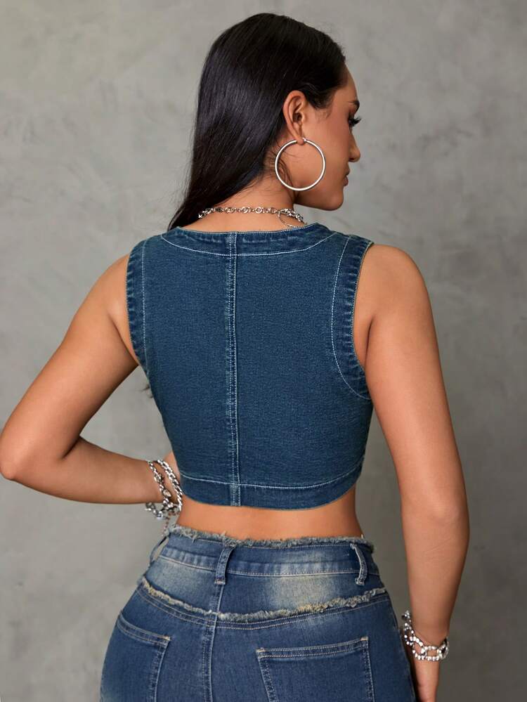 Lace Up Front Crop Denim Tank Top