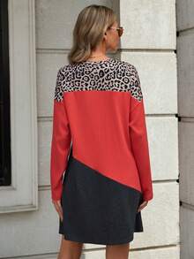 SHEIN LUNE 女士豹紋拼色蝙蝠袖連衣裙 - 彩色 - 查看 2