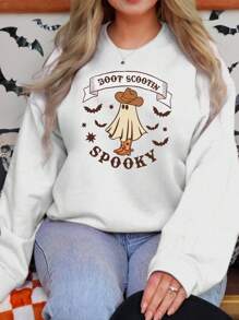 SHEIN EZwear Hơn Bản in Halloween Thả vai Áo nỉ - trắng - Xem 1