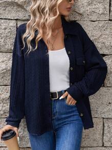 SHEIN LUNE Túi có nắp Thả vai Nút phía trước Áo sơ mi - Màu xanh lam - Xem 4