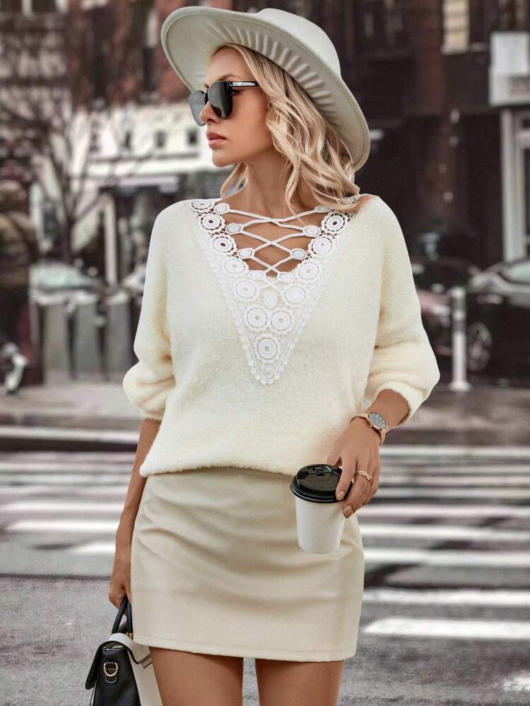 Contrast Guipure Lace Crisscross Front Drop Shoulder Sweater