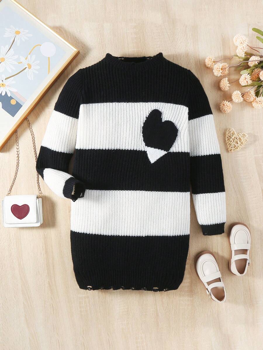 SHEIN Tween Girl Two Tone Heart Pattern Mock Neck Sweater Dress - Black and White - View 1