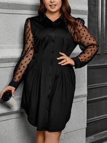 SHEIN Clasi Plus Contrast Dobby Mesh Puff Sleeve Fold Pleated Detail Shirt Dress - Black - View 5