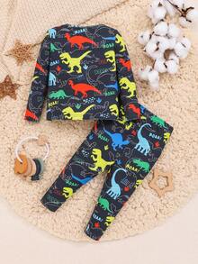 SHEIN Bộ đồ mặc nhà hai mảnh cho bé trai họa tiết khủng long hoạt hình, cổ tròn, vai thường, gồm áo và quần legging, ôm sát. - Nhiều màu - Xem 2