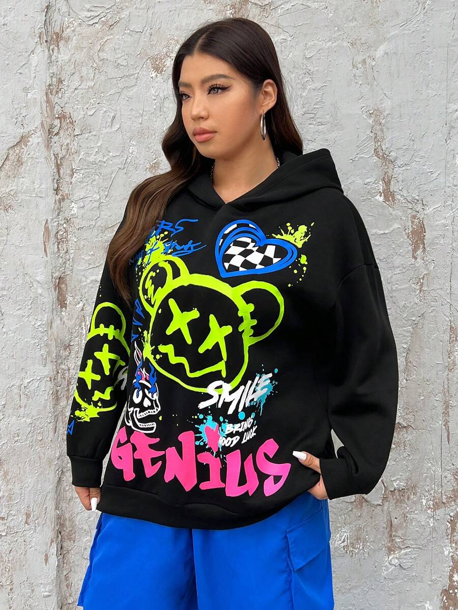 SHEIN EZwear 加大码卡通标语图案落肩卫衣 - 黑色 - 查看 1