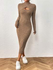 SHEIN Unity Criss Cross Cut Out Front Bodycon Dress - Khaki - View 4