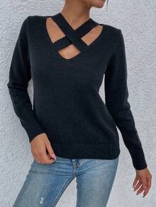 SHEIN Unity 前交叉套頭毛衣 - 黑色 - 查看 3